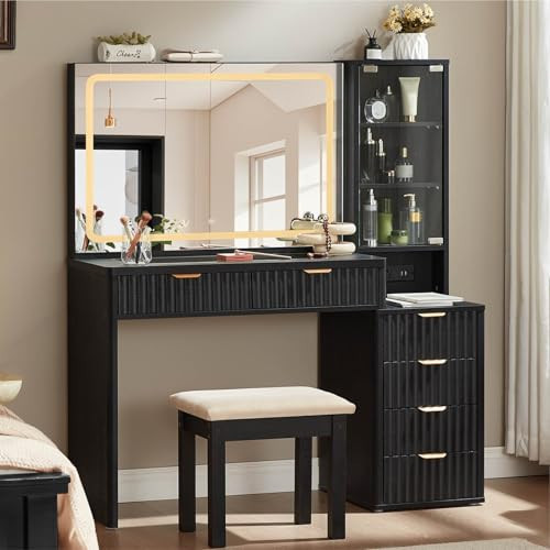 LEYAOYAO Black Vanity Desk with Mirror and Lights with Stool, 43.5'' Fluted Makeup Vanity with 6 Drawers and Adjustable Shelves,Wood Make Up Vanity Set with Glass Top and Power Outlet for Bedroom | Amazon (US)