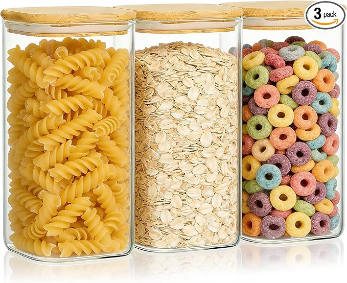 KEYWING 50oz Airtight Glass Storage Containers with Lids Set of 3, Square Glass Jars with Bamboo ... | Amazon (US)