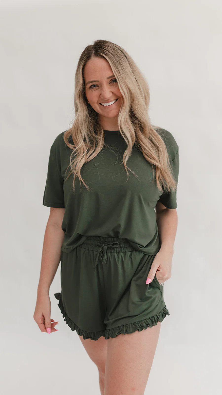Womens Ruffle Short Set in Emerald Green | Silks Design