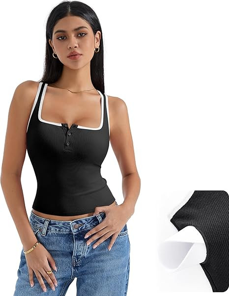 SUUKSESS Women Sexy Ribbed Square Neck Tank Tops with Built in Bra Summer Cotton Sleeveless Crop ... | Amazon (US)