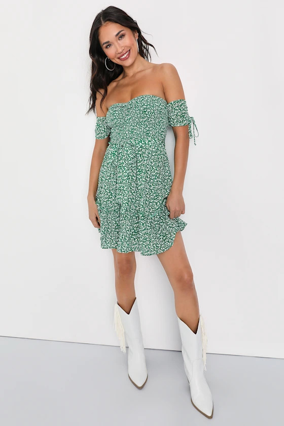 Sweetest Feelings Green Floral Off-the-Shoulder Mini Dress | Lulus (US)