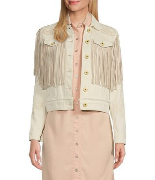 Embroidered and Fringe Detailed Denim Jean Jacket | Dillard's