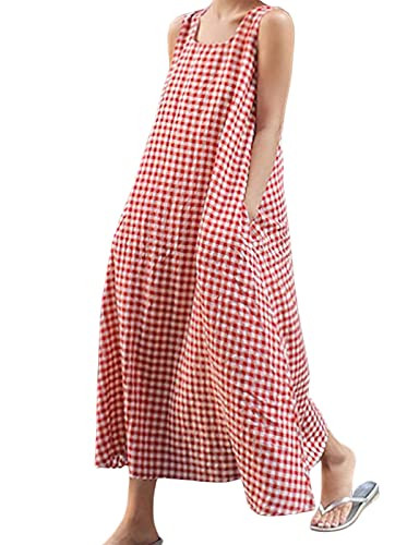 chouyatou Women's Summer Casual Loose-Fit Cotton Plaid Tank Maxi Dress with Pockets Boho Beach Su... | Amazon (US)