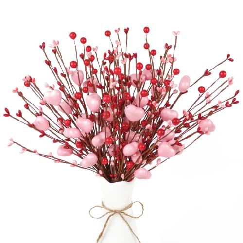 Cute Valentines Day Decorations, 6 Pcs Pink Heart Berry Stems for Valentine's Day Decor, 15.7 Inch Valentine Floral Picks for Table Mantel Vase Pot Bouquet, Party Wedding Anniversary DIY Ornaments | Amazon (US)