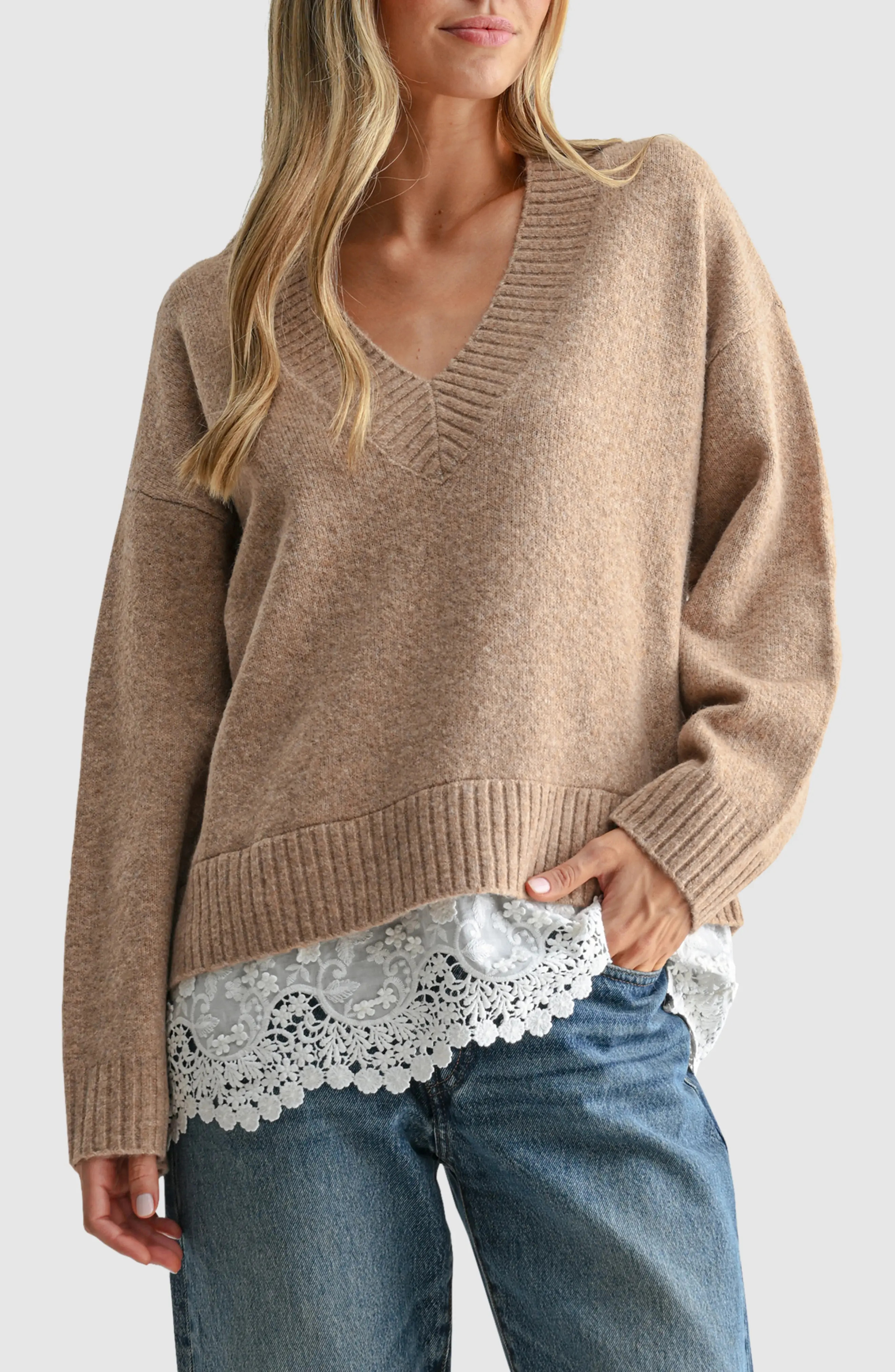All in Favor Lace Hem V-Neck Sweater (Women) | Nordstrom | Nordstrom