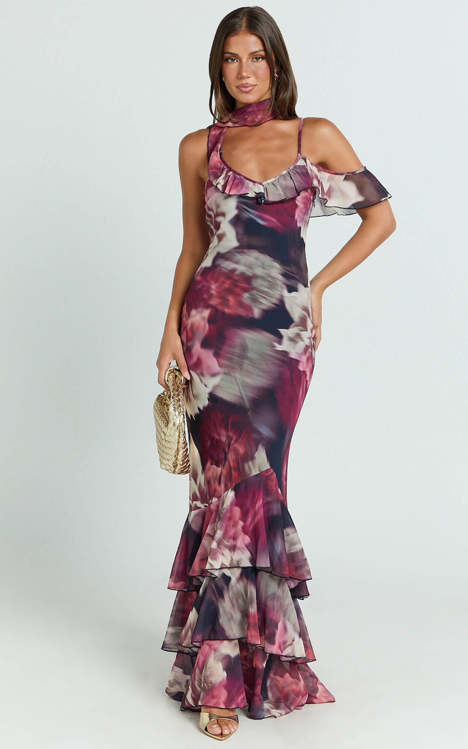 Riley Maxi Dress - Asymmetric Ruffle Detail Maxi Dress in Mariache Rose | Showpo (US, UK & Europe)