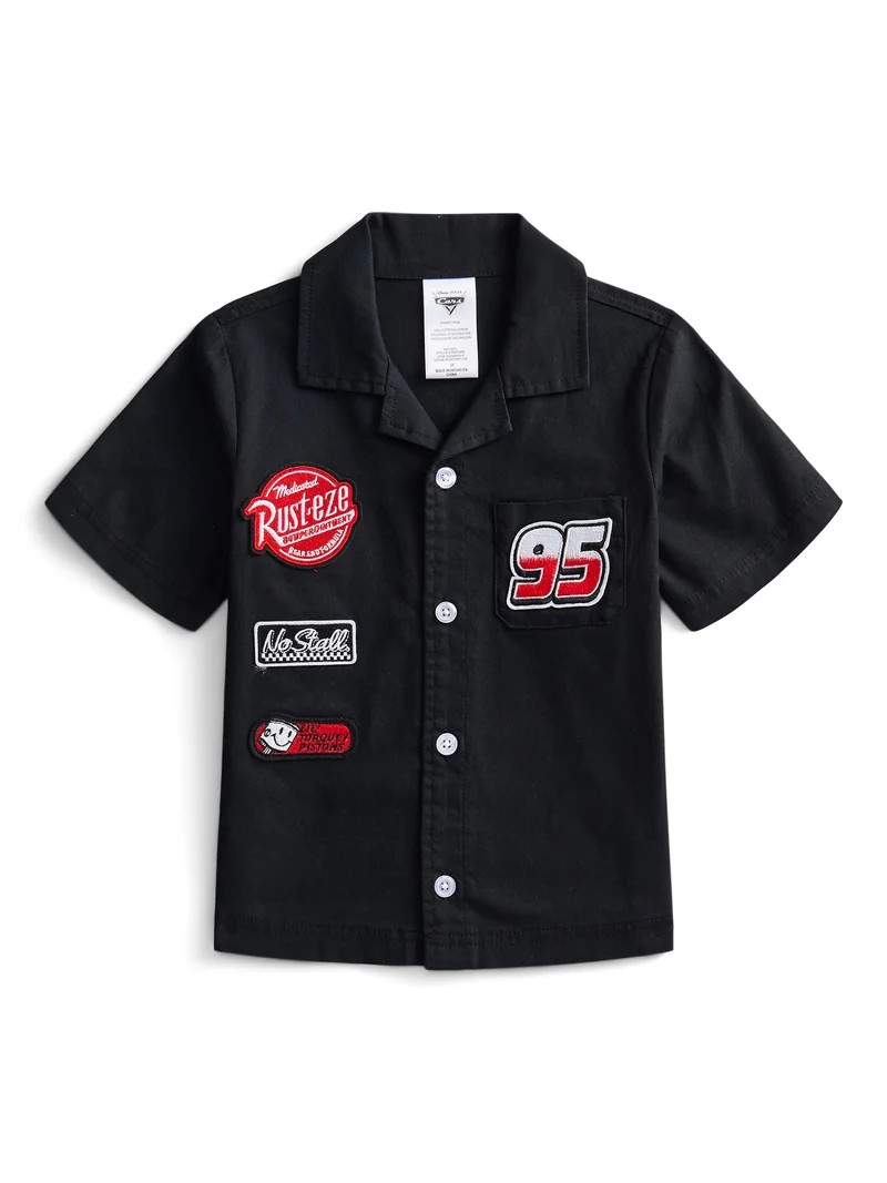 Disney Pixar Cars Toddler Boys Short Sleeve Cotton Button Down Shirt with Patches, Sizes 12M-5T | Walmart (US)