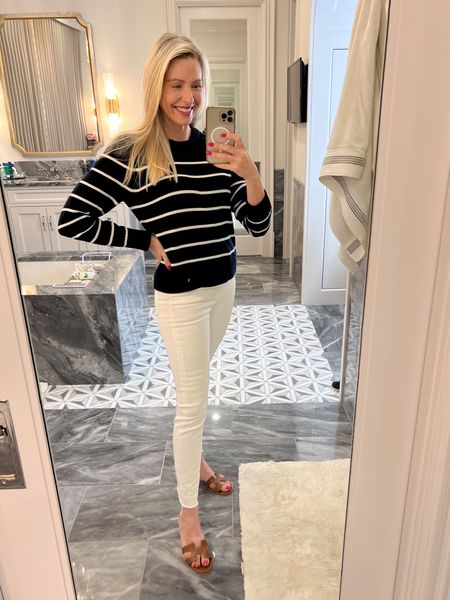 The striped sweater you'll live in. Navy blue and white stripe mid weight sweater that's great for errands all the way to work. A closet staple with white jeans and brown Birkenstocks to make it weekend ready  

#LTKworkwear #LTKover40 #LTKfindsunder100