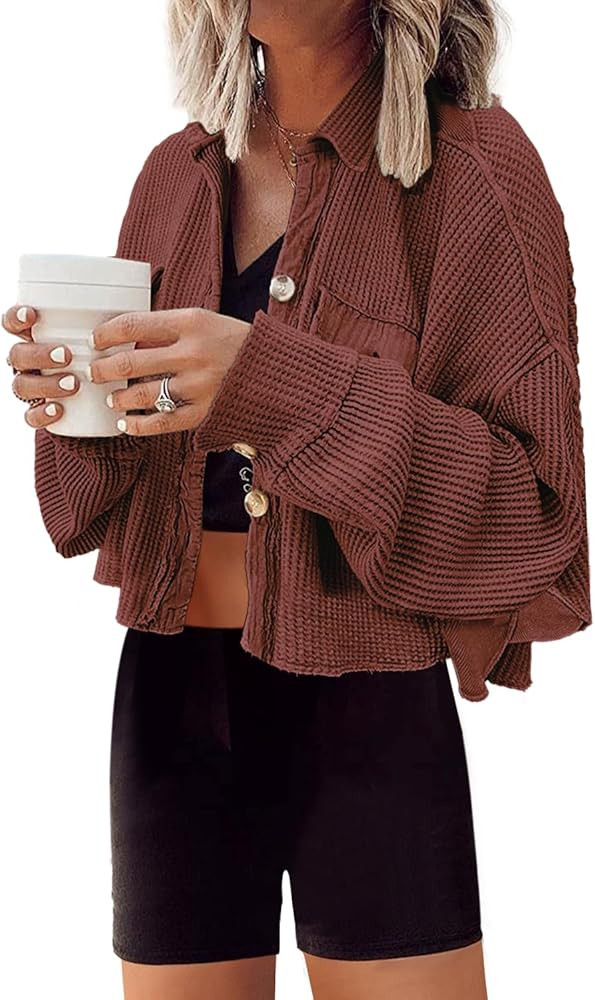 Panadila Women's Cropped Waffle Knit Shacket Short Button Down Jacket Batwing Sleeve Shirts with ... | Amazon (US)
