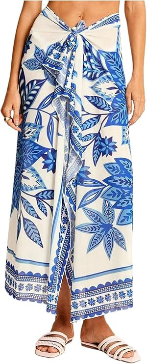 OYOANGLE Women's Beach Sarong Swimsuit Sheer Cover Ups Plant Print Knot Side Wrap Long Skirt Swim... | Amazon (US)