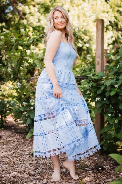 Eyelet Lace Strapless Midi Dress for Women in Blue | Glik's