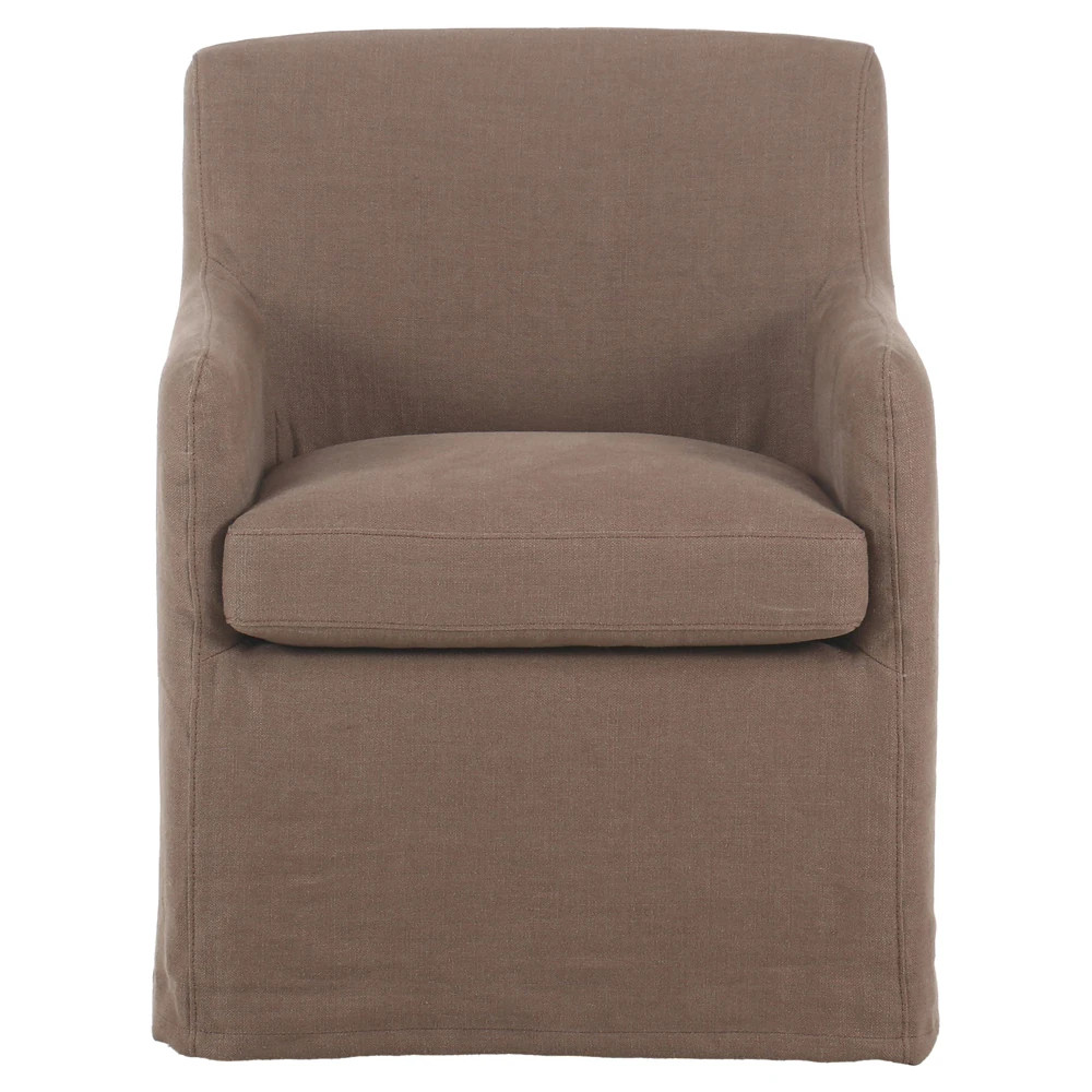 Marika Rustic Lodge Brown Linen Slipcovered Caster Dining Arm Chair | Kathy Kuo Home