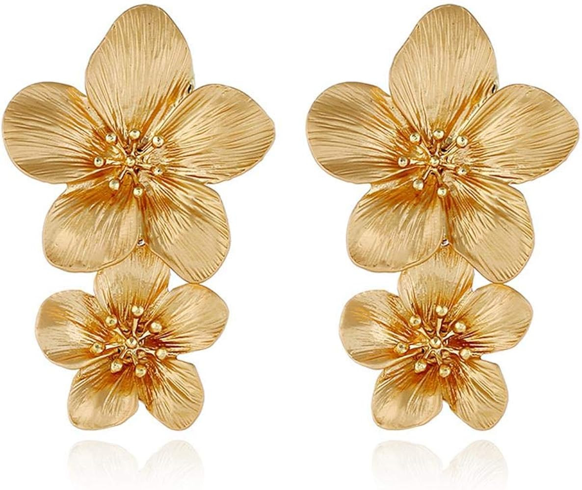 Large Double Flower Earrings Candy Color Metal Flower Dangle Earrings Romantic Boho Sweet Gold Chic  | Amazon (US)