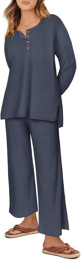 RITERA Plus Size Women 2 Piece Outfits Lounge Sets Knit Waffle Pullover Tops Wide Leg Pants Sweat... | Amazon (US)