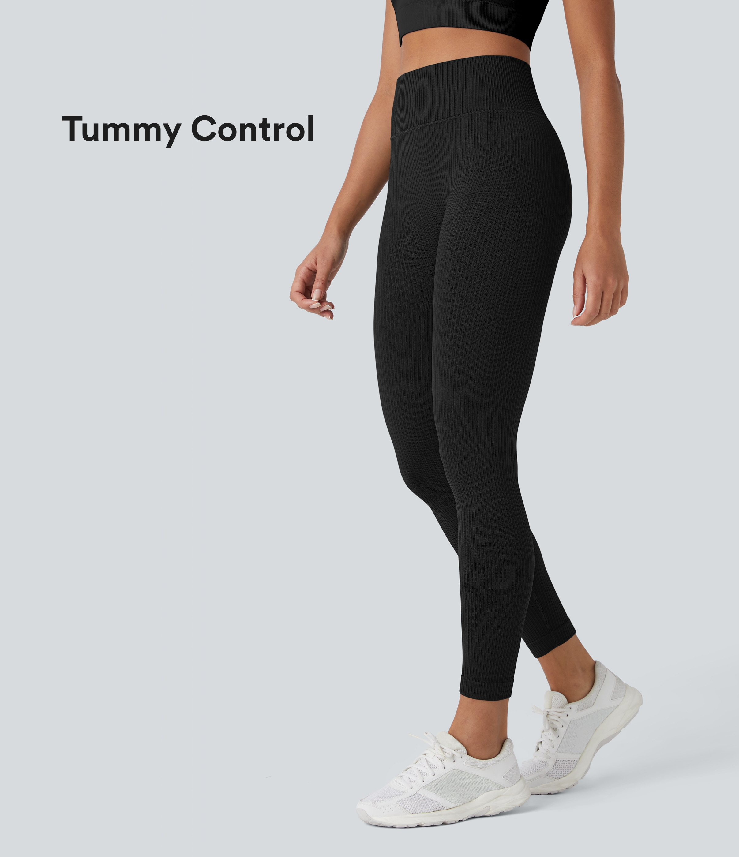 Halara Soft Seamless Flow Ribbed High Waisted Tummy Control Yoga 7/8 Leggings - Black - S(7/8) gym leggings leggings with pockets | HALARA
