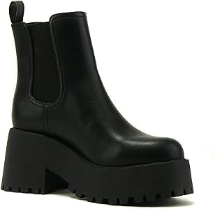 Soda INSTANT Women Chunky Lug Sole Mid Heel Chelsea Fashion Ankle Bootie w/Double Elastic Gore | Amazon (US)