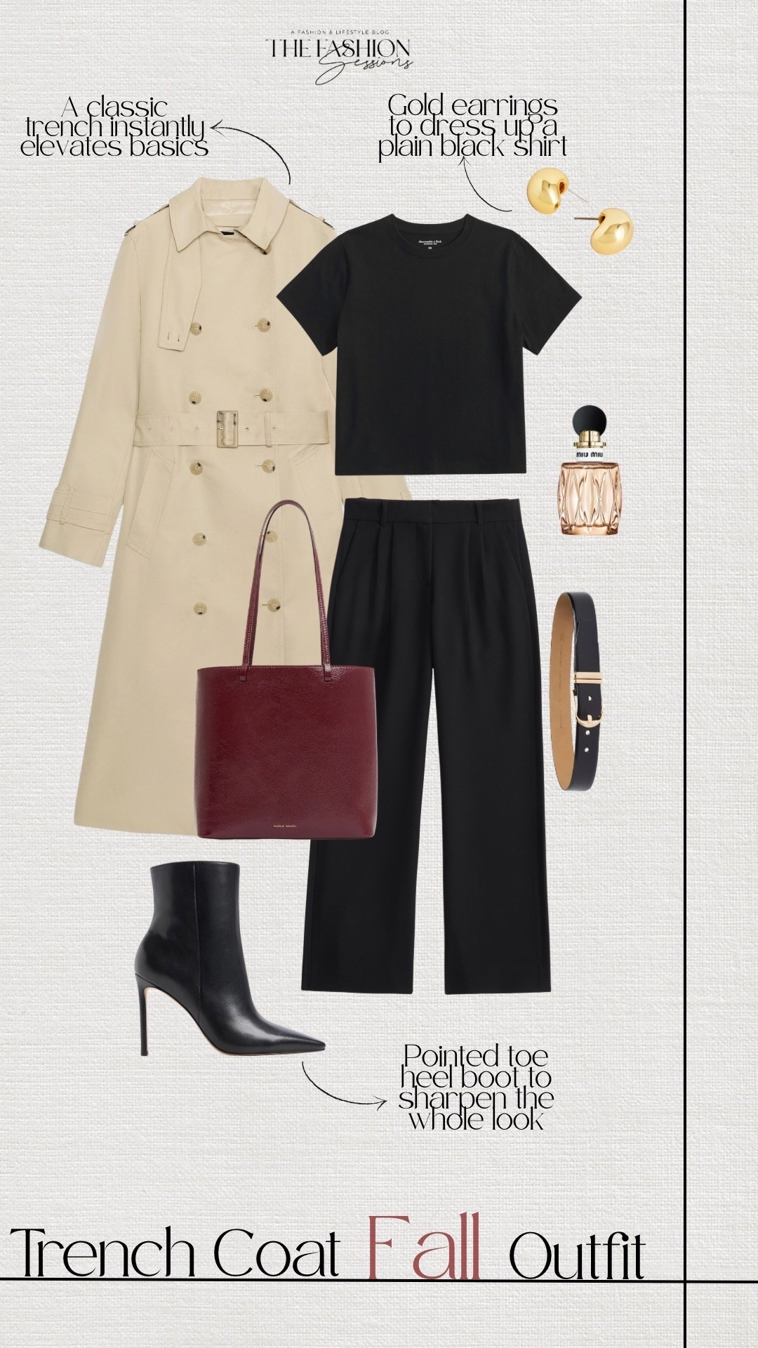 Trench coat fall outfit | A classic belted trench, black tee, wide-leg trousers, and pointed-toe heeled boots. T he easiest polished fall look. Added gold dome earrings, a burgundy tote, and Miu Miu Fleur d'Argent for a rich autumn accent. Everything is linked below, plus a few similar trench coats at different price points. Swap the boots for loafers for a more casual fall workwear outfit.

#LTKootd #LTKSeasonal #LTKOver40