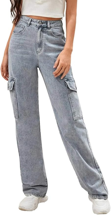 MUMUBREAL Women's High Waist Baggy Jeans Flap Pocket Side Relaxed Fit Straight Wide Leg Cargo Jea... | Amazon (US)