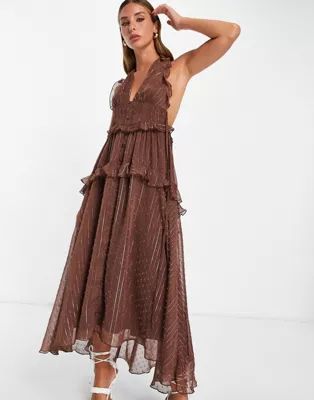 ASOS DESIGN textured chiffon midi dress with lurex stripe and satin tie detail | ASOS (Global)