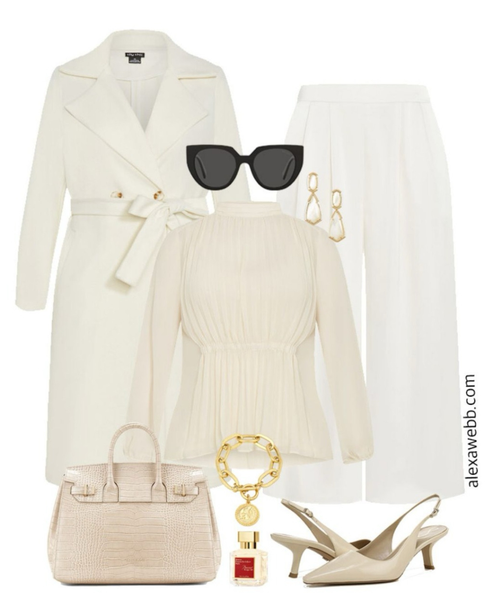 Plus Size Winter White Outfit - A beautiful plus size winter white outfit idea for work or events with satin palazzo pants, pleated blouse, and ivory slingback heels. Alexa Webb #plussize

#LTKStyleTip #LTKWorkwear #LTKPlusSize