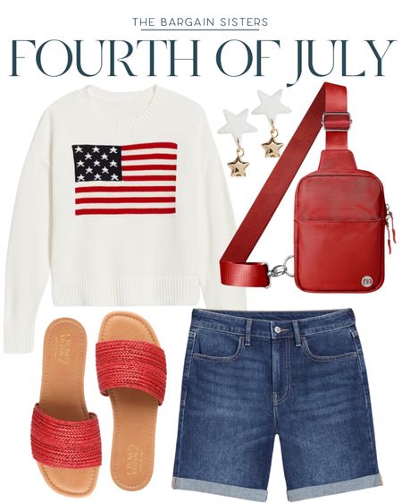 Fourth of July Outfit 

| Summer Fashion | Americana Outfit | Flag Sweater | Red, White, & Blue | Denim Shorts | Crossbody Bag | Star Earrings 

#LTKFindsUnder50 #LTKStyleTip #LTKSeasonal