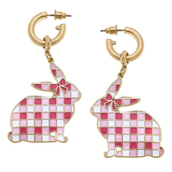 Stella Enamel Gingham Bunny Earrings in Pink & White | CANVAS