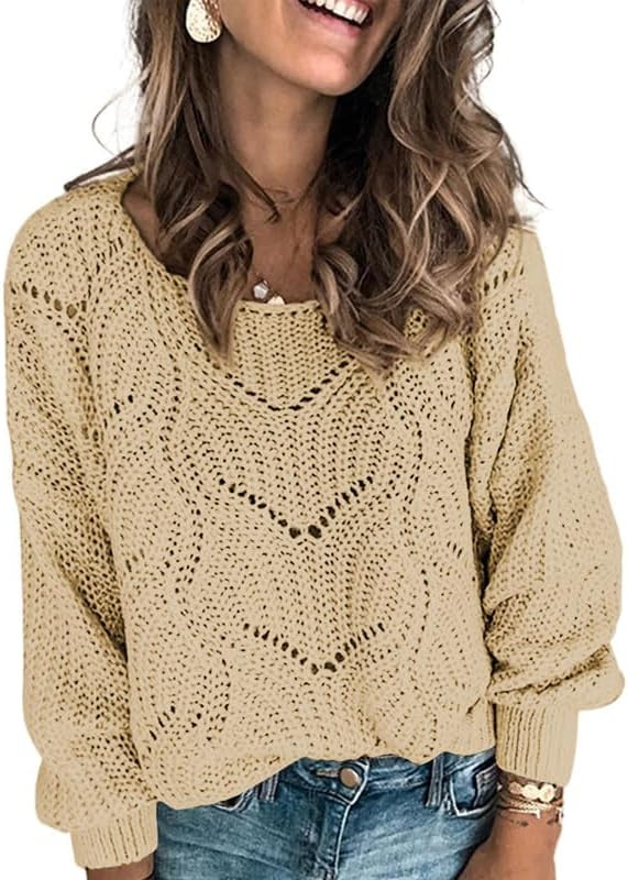 Dokotoo Womens 2023 Cute Elegant Soft Crewneck Long Sleeve Hollow Cable Knit Pullover Sweaters | Amazon (US)