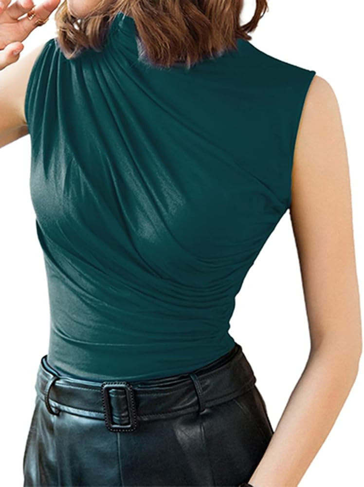 Avanova Women's Sleeveless Mock Turtleneck Tank Top Fitted ​Ruched Shirt Blouses | Amazon (US)