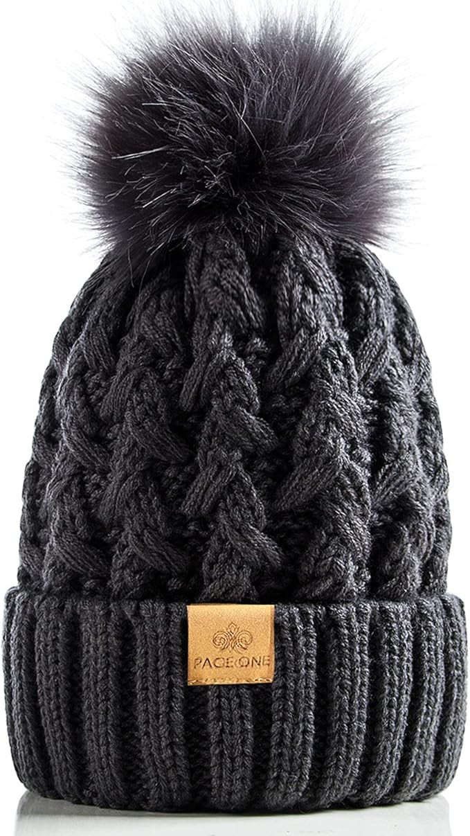 PAGE ONE Womens Winter Ribbed Beanie Crossed Cap Chunky Cable Knit Pompom Soft Warm Hat | Amazon (US)
