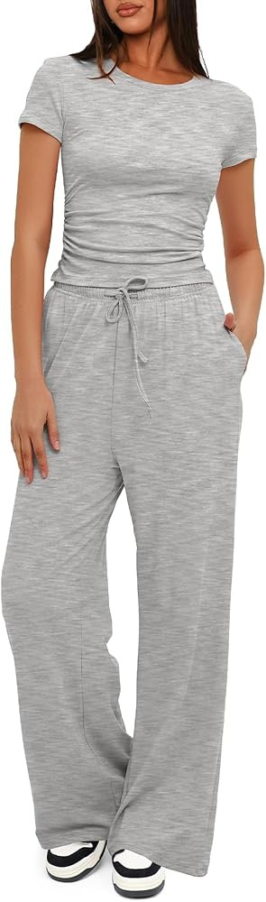 Darong Women's 2 Piece Set Outfits Lounge Sets Ruched Short Sleeve Tops High Waisted Wide Leg Pan... | Amazon (US)