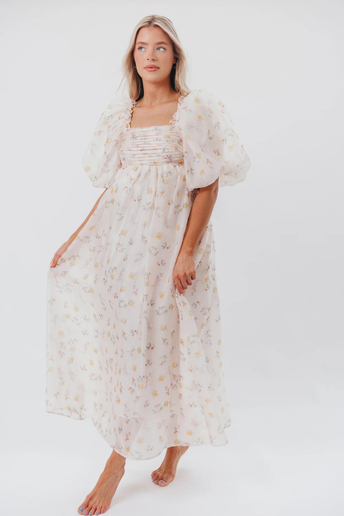 Melody Maxi Dress with Pleats and Bow Detail in Yellow Rose Floral - B | Worth Collective