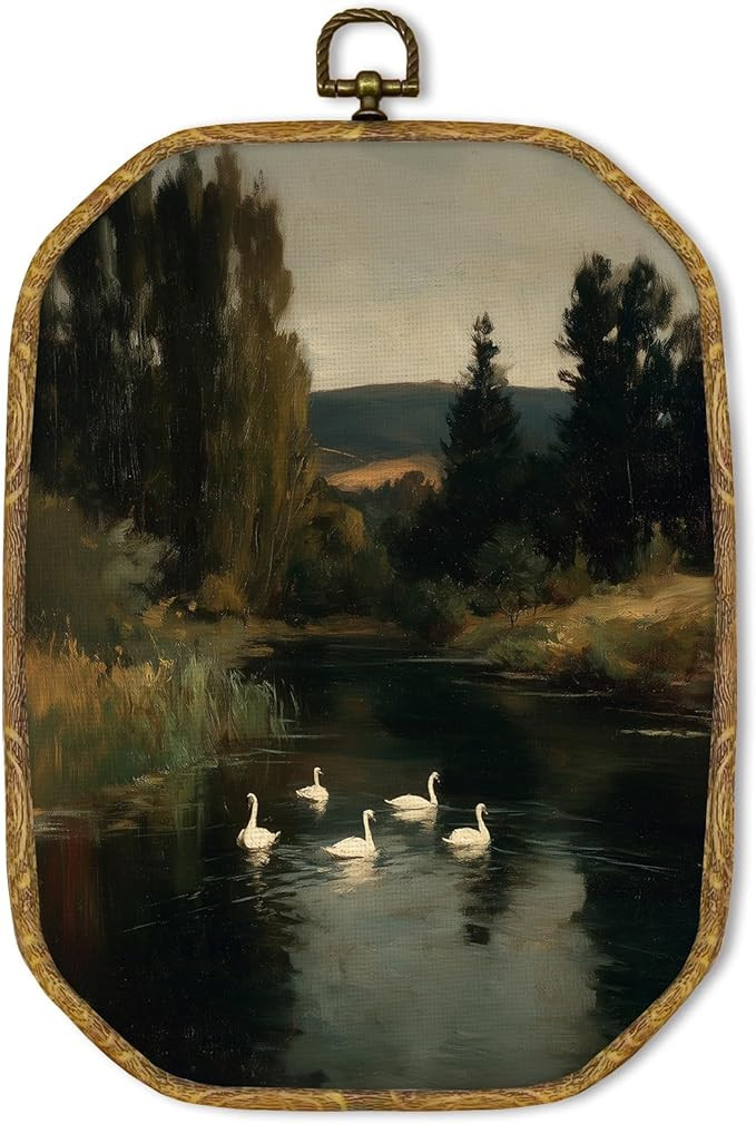 GUULIJEEMIY Vintage Swan Landscape Canvas Wall Art Decor, Moody Cottagecore Swans Octagon Framed ... | Amazon (US)