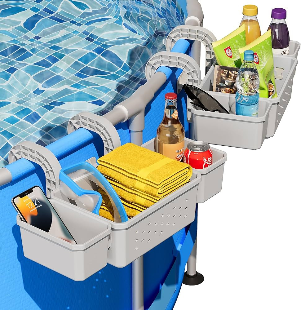 Poolside Storage Basket with 2 Cup Holder, Stretchable Pool Toy Basket for Towels Beverages, Pool... | Amazon (US)