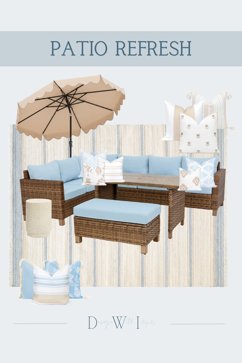 This patio refresh brings together warm woven textures, soft sky blue cushions, and layered neutral patterns for a space that feels relaxed and inviting. I love the combination of the natural wicker sectional, striped outdoor rug, and playful scalloped umbrella for a look that feels equal parts coastal and classic. The mix of blue and sand tones creates a backyard retreat that is perfect for everything from morning coffee to evenings spent entertaining with family and friends.

Tap through to shop the look and save your favorite pieces for your own patio refresh.

#OutdoorLiving #PatioDecor #BackyardInspiration

outdoor living, patio refresh, wicker patio furniture, outdoor sectional, blue patio cushions, scalloped umbrella, striped outdoor rug, coastal patio decor, outdoor throw pillows, backyard entertaining, patio styling, outdoor dining, designer finds, backyard oasis, shop the look 

 #LTKHome

#LTKSeasonal #LTKHome