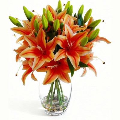 DobleePy Artificial Large Head Lily Floral Arrangement with Vase & Faux Water, Orange Lifelike Fake Flowers for Home Office Occasions Decor | Target