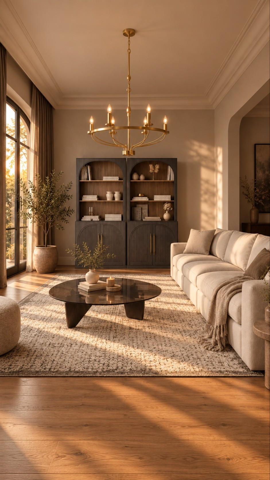 Soft linen, smoky glass and arched bookcases bring warmth and contrast to this organic modern living room.#OrganicModern #LivingRoomInspo #NeutralHome

#LTKSaleAlert #LTKHome
