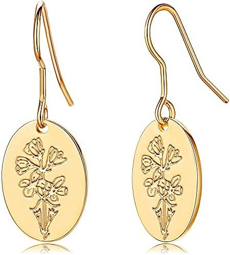 Moodear Birth Flower Earrings 18K Gold Engraved Birth Month Flower Dangle Earrings Dainty Minimal... | Amazon (US)