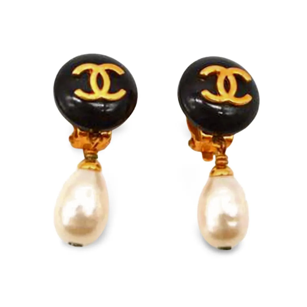 Vintage CHANEL Teardrop White Faux Pearl Earrings With Black and Golden CC Mark on Top. Chanel Da... | Etsy (US)