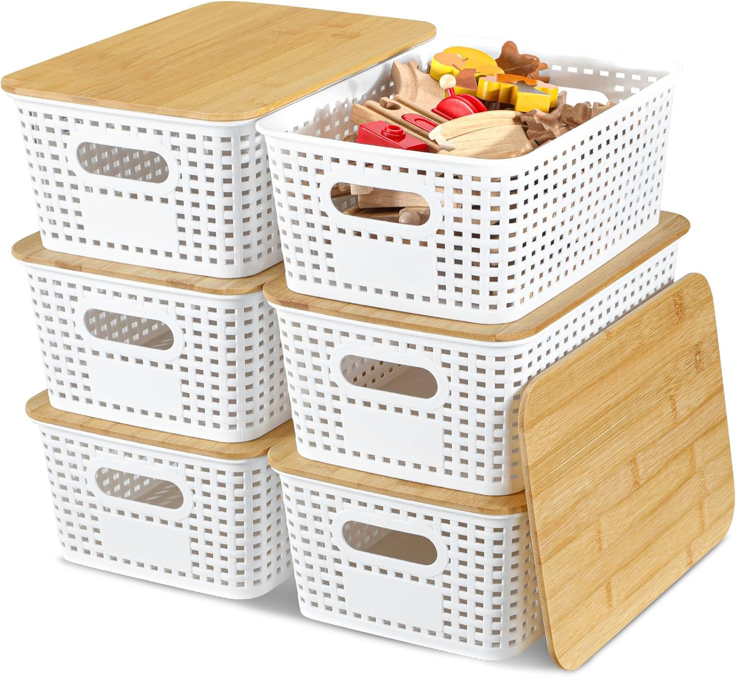 EOENVIVS Storage Bins with Lids 6 Packs, Plastic Storage Bins with Bamboo Lids for Pantry Organiz... | Amazon (US)