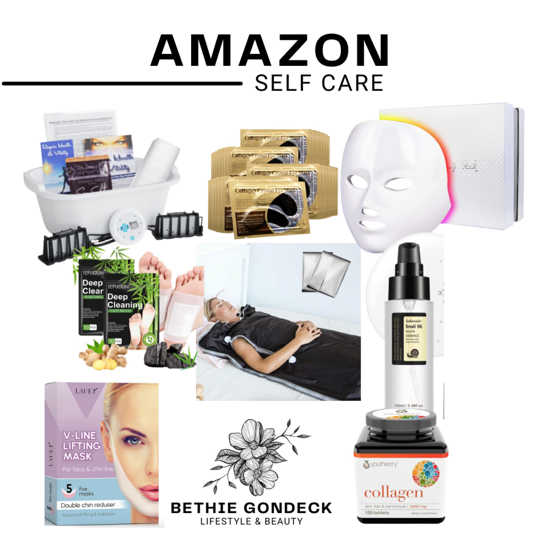 Amazon Self Care 🖤 these are all products I own besides the sauna blanket but it’s on my wishlist.