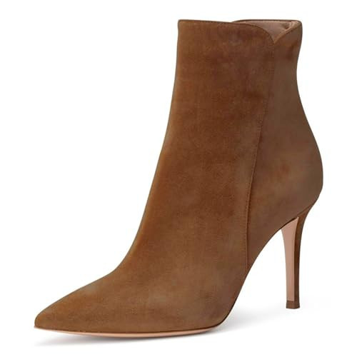 Jimishow Suede Ankle Boots for Women Brown Classic Pointed Toe Stiletto Booties Ladies Fashion Side Zipper 3.5 Inches Sexy High Heel Short Boots Size 9 | Amazon (US)