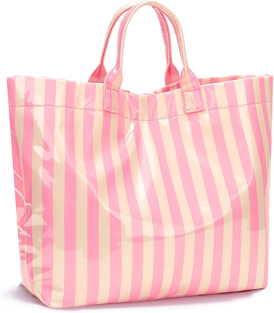 Striped PVC Tote Bag Large Glossy Striped Handbags Waterproof Top Handle Bag Plastic Tote Handbag... | Amazon (US)