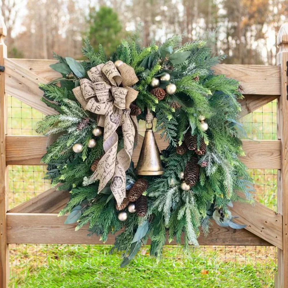 16" Christmas Wreaths for Front Door, Farmhouse Winter Rattan Wreath with Pine Cones Golden Bells... | Walmart (US)