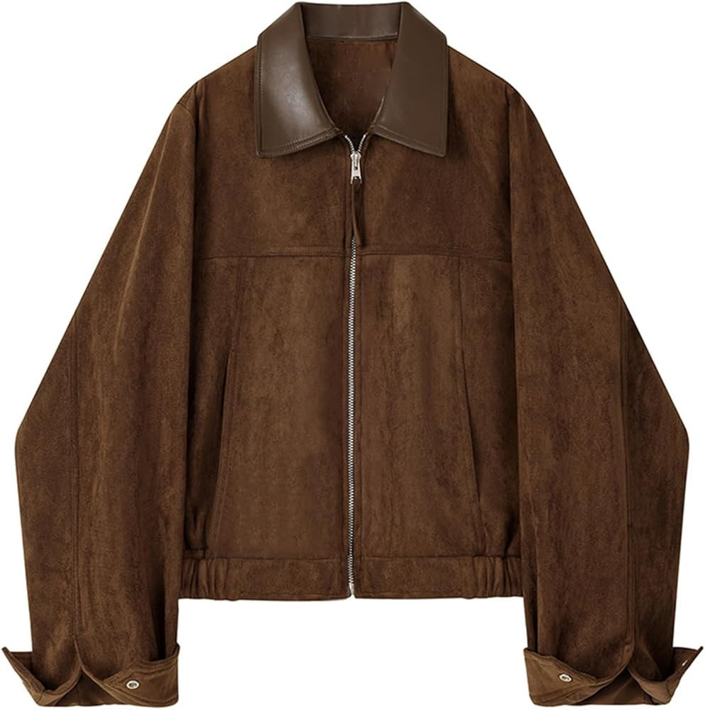 Women's Faux Suede Cropped Jacket Contrast Collar Zip Up Utility Barn Coat Trendy Fall Outwear | Amazon (US)