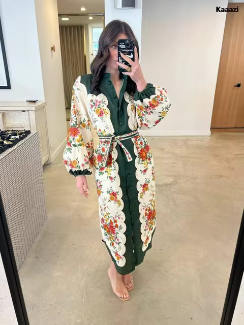KAAAZI Loose Elegant Women Maxi Dress Casual Floral Graphic Print Long Sleeve Puff Sleeve Robe Bl... | AliExpress (US)
