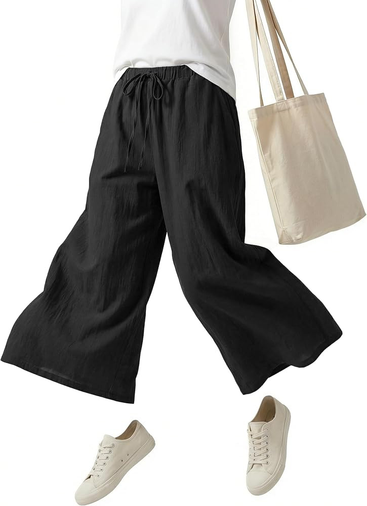 VZQI Women's Linen Blend Palazzo Pants High-Waist Wide Leg with Pockets & Drawstring for Beach Yo... | Amazon (US)