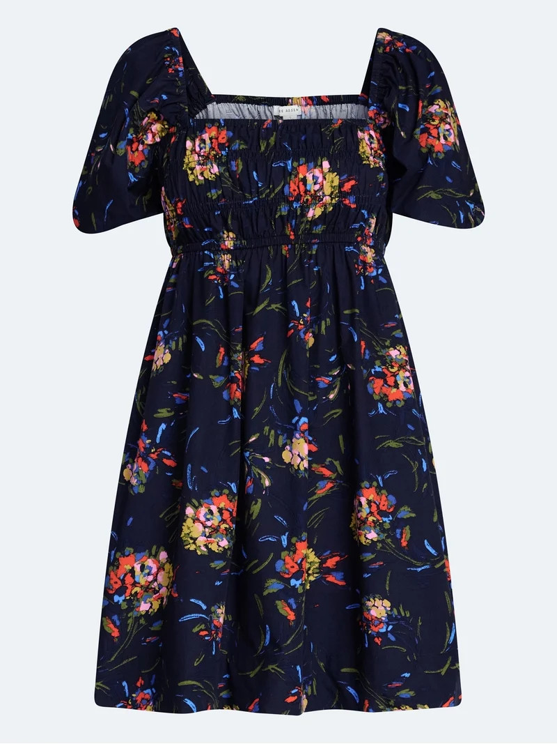 Free Assembly Women's and Women's Plus Smocked Cotton Peasant Mini Dress with Puff Sleeves, Sizes... | Walmart (US)