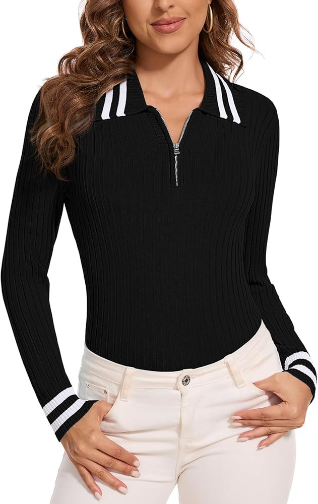 Soneven Women's Golf Sweater Pullover Long Sleeve Ribbed Knit Tops Zipper Collar Polo Sweater Fal... | Amazon (US)