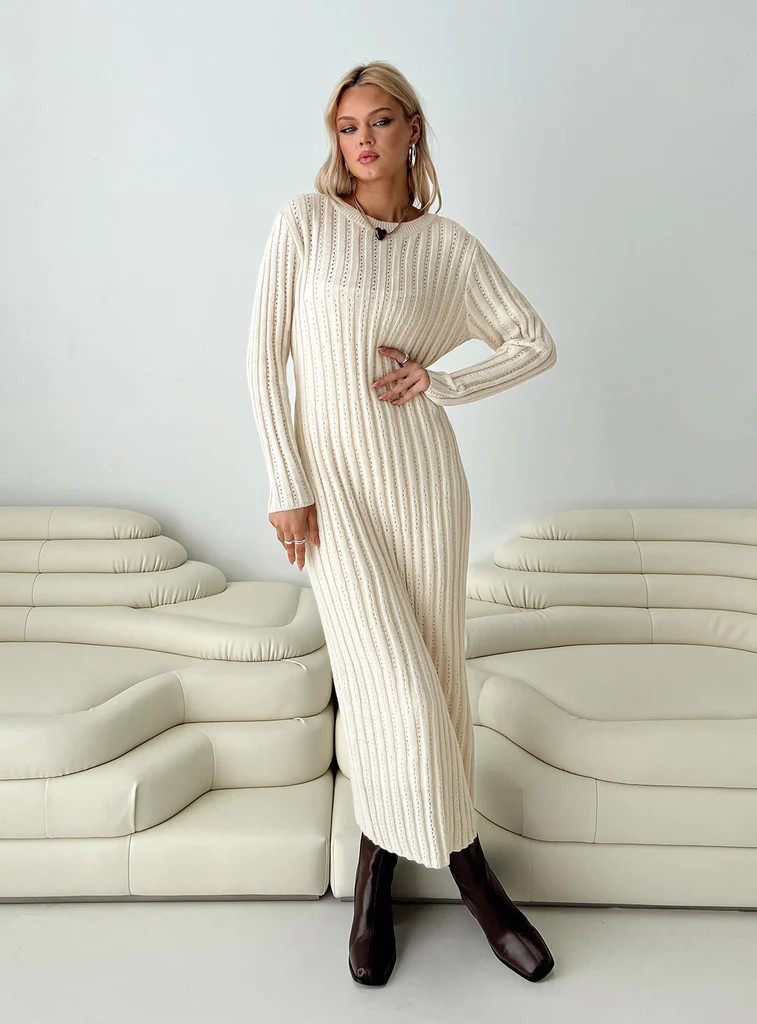 Rahne Long Sleeve Knit Maxi Dress Cream | Princess Polly US