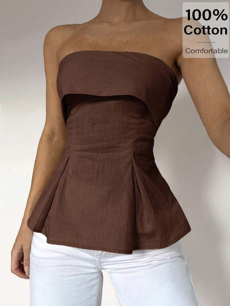 Siren Gaze Linen-Cotton Tube Top: Waist-Defining Bohemian Office Wear | Old Money Elegance Summer 2025 New Release | Day-To-Night Transition & Office Siren Style Brown Casual | SHEIN